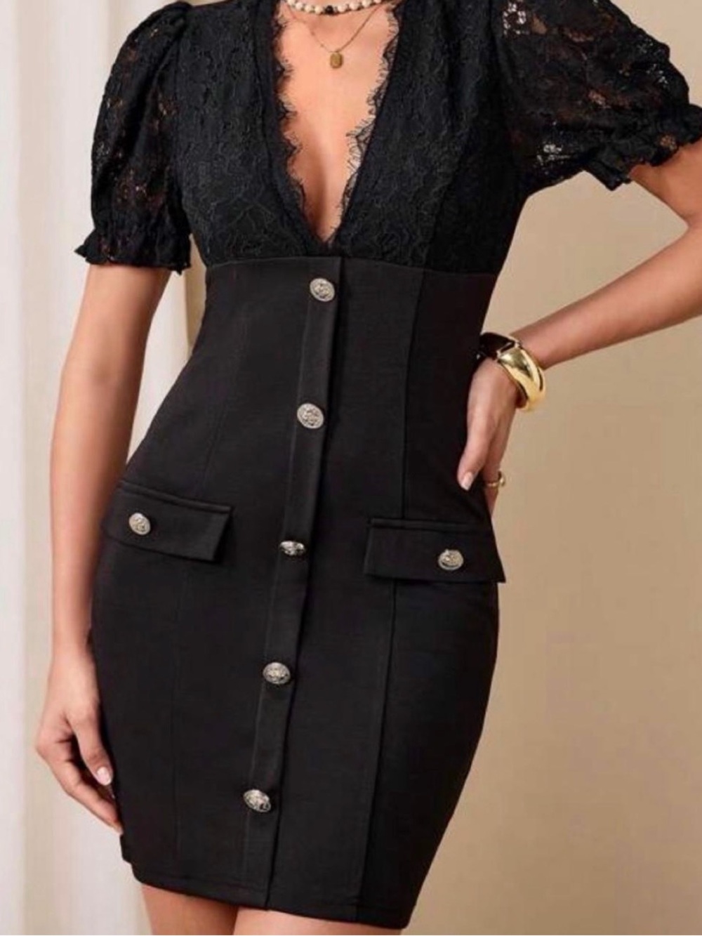 SHEIN Black Lace V-Neck Button Front Mini Dress